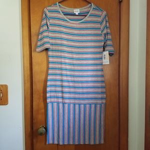 LuLaRoe Grey, Red and Blue Stripe Julia Dr…